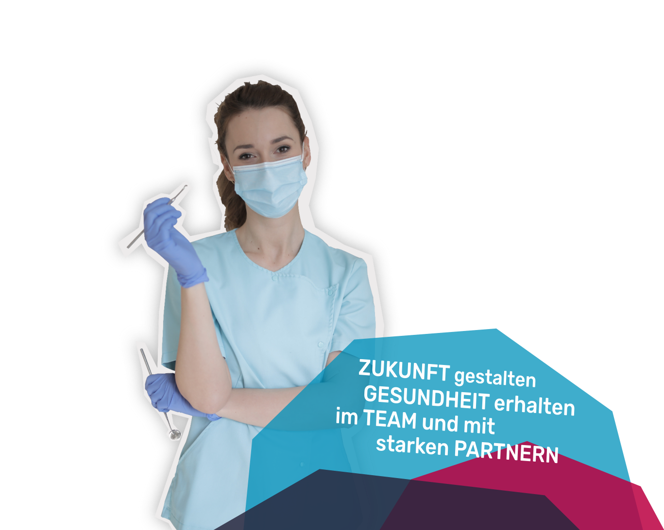Zukunft gestalten – Zahnarzthelferin im Porträt Grafik mit einer Zahnarzthelferin im Porträt vor dem Schriftzug „Zukunft gestalten“